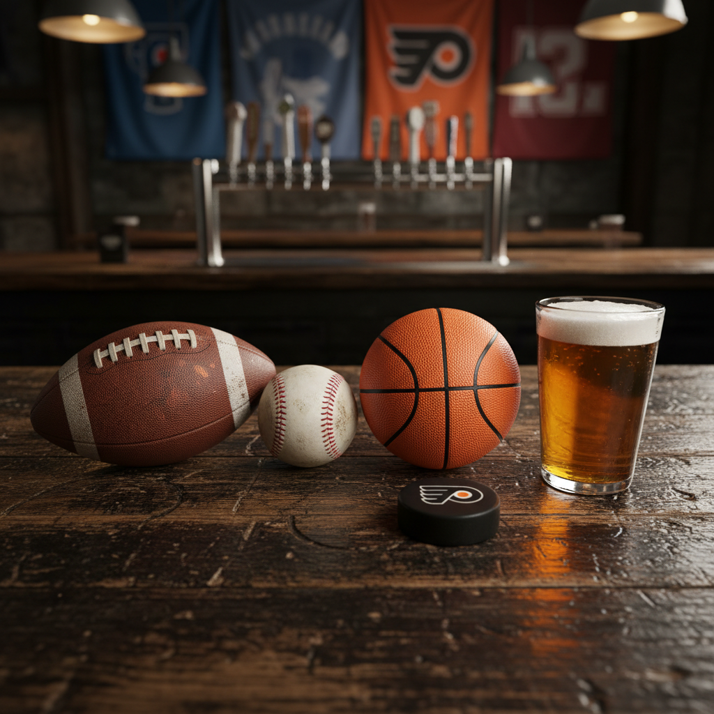 An ultra-realistic overhead shot of a scarred wooden bar top dominated by four neatly arranged objects: a weathered brown leather football, a scuffed white baseball with red stitching, an orange basketball with visible grip texture, and a black hockey puck bearing a faint orange logo. Condensation beads on a cold pint glass of amber beer nearby, catching the glow of warm pendant lighting above. The background falls into a soft, moody blur of metal taps and muted team banners. Strong yet cozy bar lighting casts defined, golden reflections across the wood grain. Photographic realism, bold and gritty atmosphere, emphasizing the shared heartbeat of Philadelphia’s professional teams.